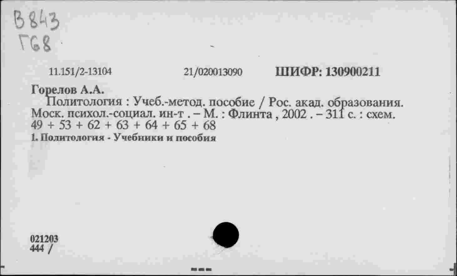 ﻿Ш-	-
11.151/2-13104	21/020013090	ШИФР: 130900211
Горелов А.А.
Политология : Учеб.-метод. пособие / Рос. акад, образования. Моск, психол.-социал. ин-т . - М.: Флинта, 2002 . - 311 с.: схем. 49 + 53 + 62 + 63 + 64 + 65 + 68
1. Политология - Учебники и пособия
021203
444 /